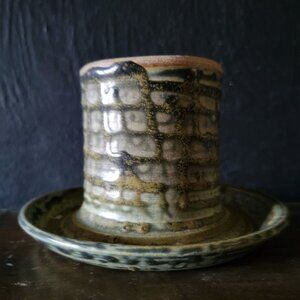 Vintage Studio Pottery Match Holder With Saucer Boho Rustic Decor